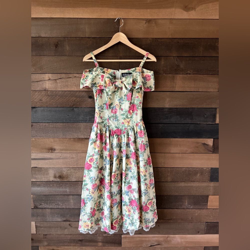 Vintage 80s All That Jazz Drop Waist Floral Dress Corset Style & Lace Ruffle - Picture 15 of 16